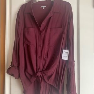 Tie front button up blouse with adjustable sleeves (wine)